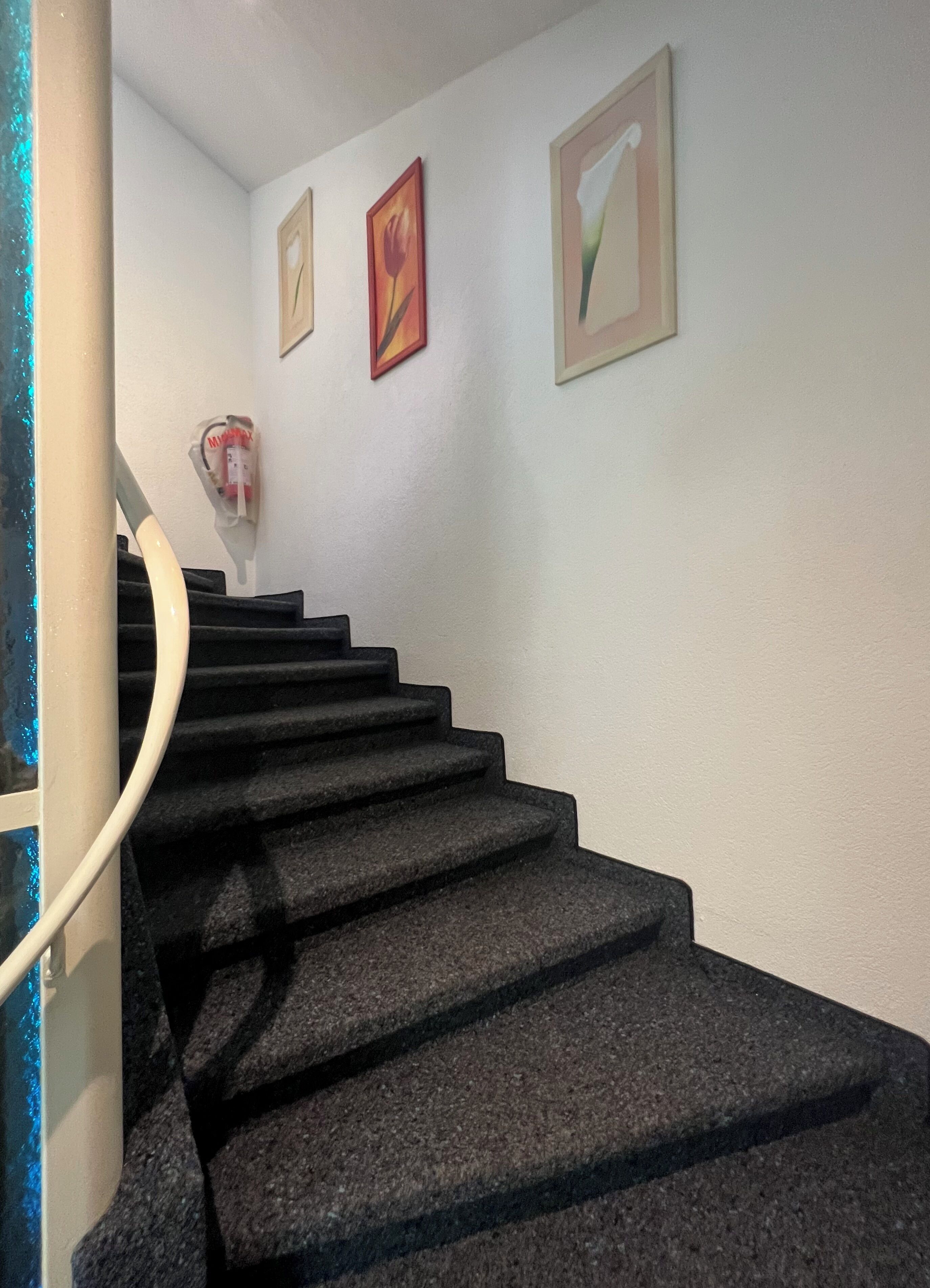 Eine Treppe mit Handlauf, die zu einer Zwischenebene mit zwei gerahmten Kunstwerken an der Wand führt.