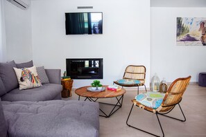 Smart TV, fireplace, books, printers