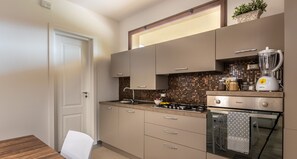 A modern kitchen with a gas stove, oven, and a built-in blender. - Magnolia (Avola)