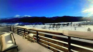 Un balcon donnant sur un paysage enneigé et des montagnes.