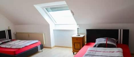 A bedroom with two beds, a skylight, a bedside table, and a radiator.