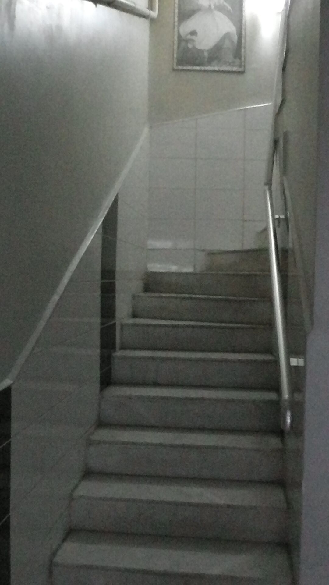 Una escalera con barandilla que lleva a una pared de azulejos con un cuadro enmarcado.