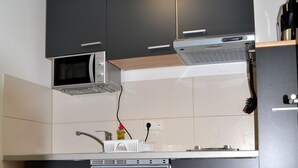 A modern kitchen with black cabinets, a microwave, and a dishwasher. - Apartment in a very quiet location, 12 km to Europa Park Rust (Herbolzheim)