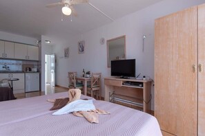 Een strijkplank/strijkijzer, wifi, beddengoed