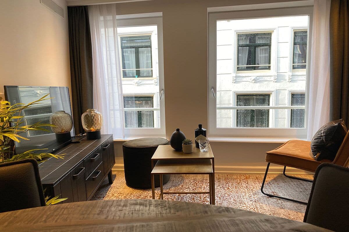 A hotel room with a bed, a desk, a chair, a TV, a plant, and two windows with a view of buildings.