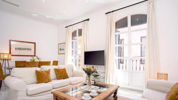 Una sala de estar con un sofá, una mesa de centro y un televisor.