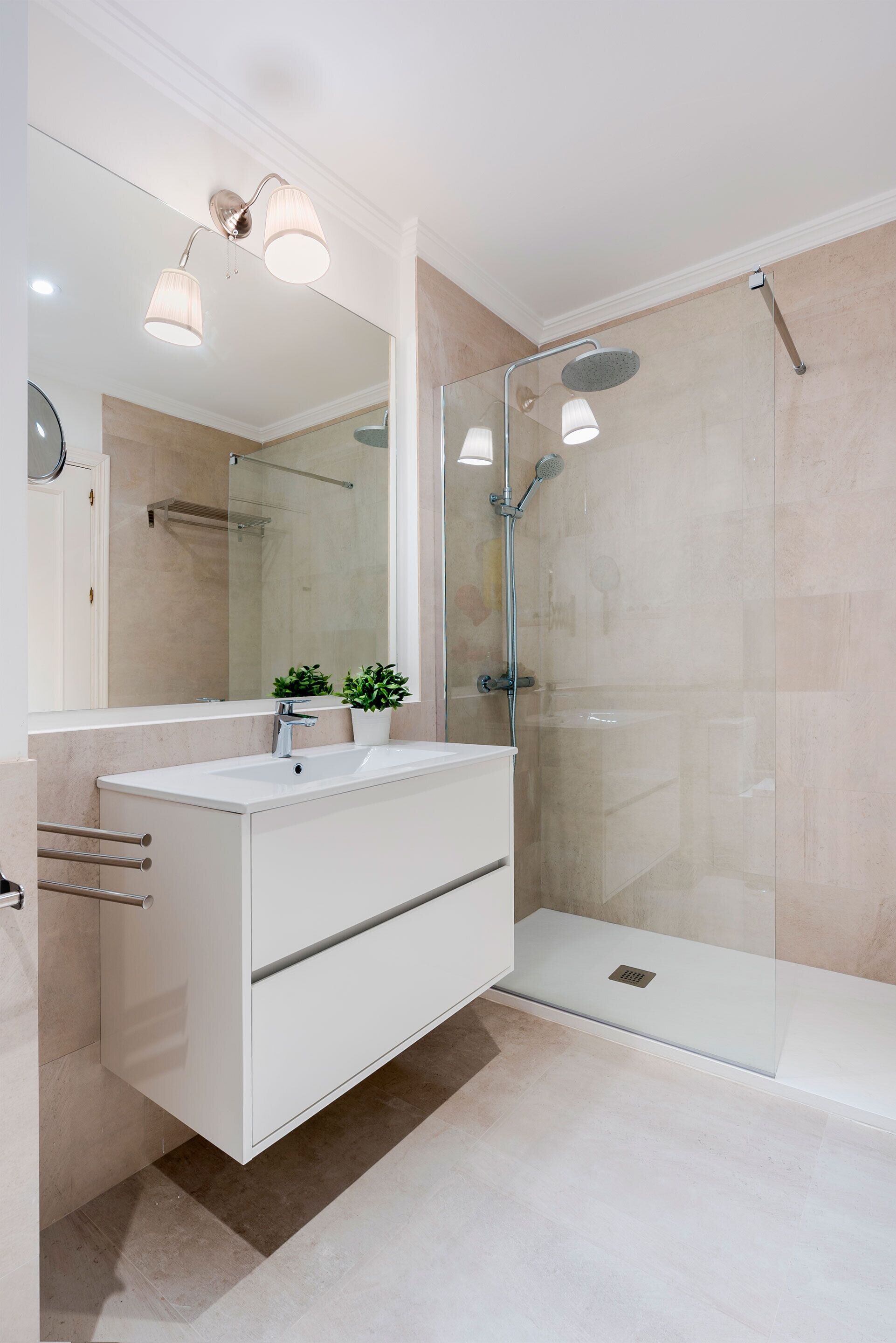 A modern bathroom with a glass shower enclosure, a white vanity with a mirror, and a potted plant.