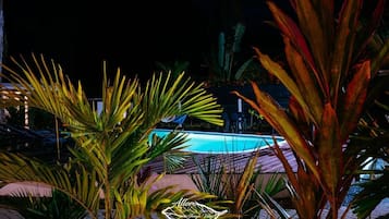 Outdoor pool, pool umbrellas, pool loungers