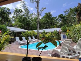 Una piscina al aire libre, sombrillas, sillones reclinables de piscina