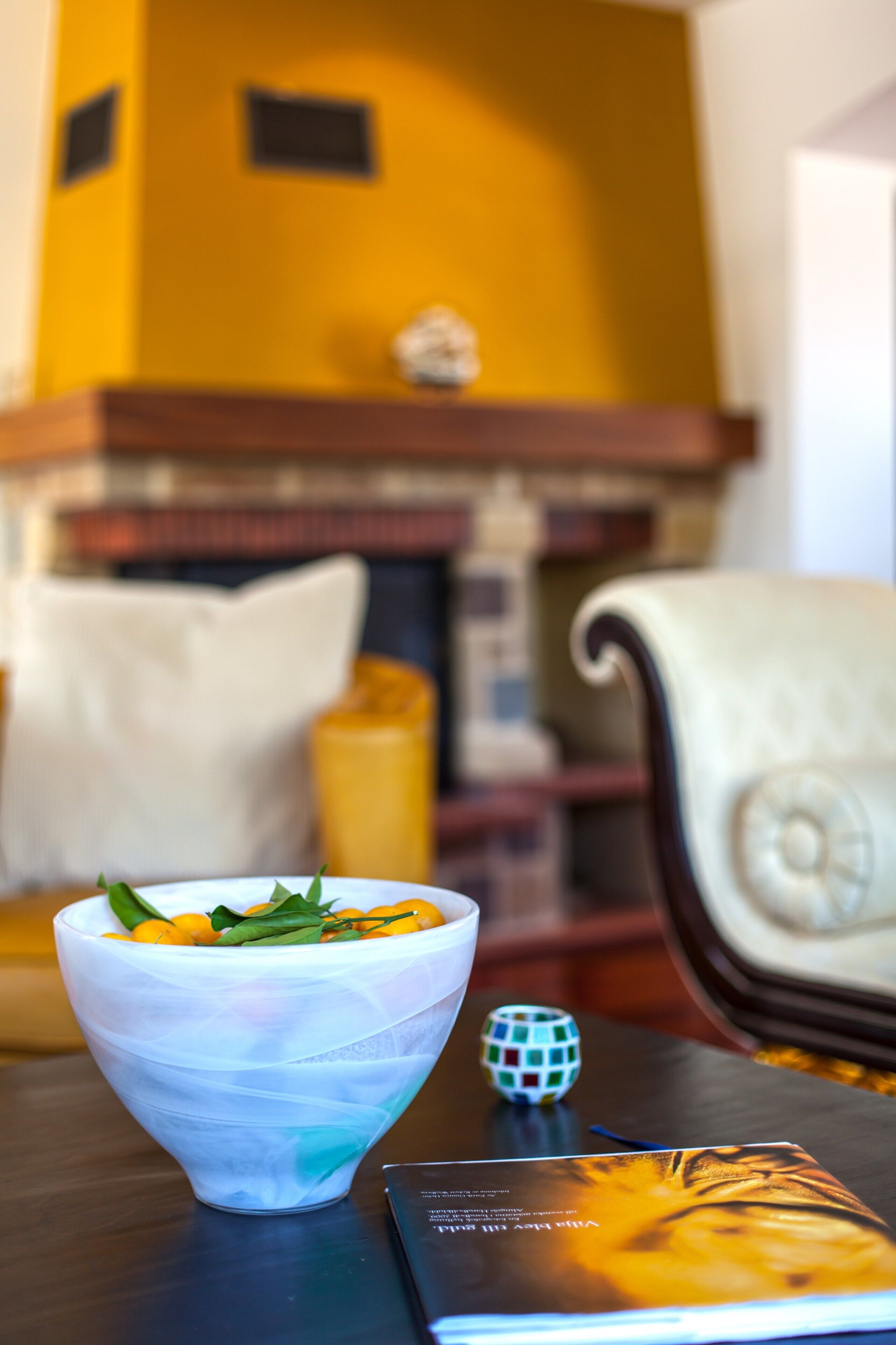A bowl of fruit on a table, a book, and a globe.