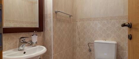 Een badkamer met een wastafel, toilet en douche.