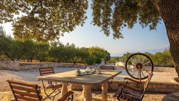 An outdoor dining area with a table and chairs, surrounded by trees and a view of distant mountains. - Villa Dubrava (Pucisca)