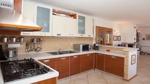 A modern kitchen with a gas stove, stainless steel appliances, wooden cabinets, and a tiled backsplash. - Villa Lukrecia (Supetar)