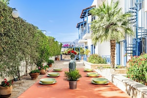 A dining area with a long table set for a meal, surrounded by potted plants and a palm tree.