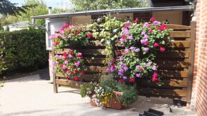 A wooden fence with a garden bed filled with pink and red flowers. - Le Camp des Roses (Aubers)