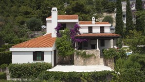 A modern villa with a tiled roof, stone walls, and lush greenery. - Villa Skalinada (Baska Voda)