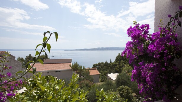 A balcony with a view of the sea and mountains, surrounded by greenery and purple flowers. - Villa Skalinada (Baska Voda)
