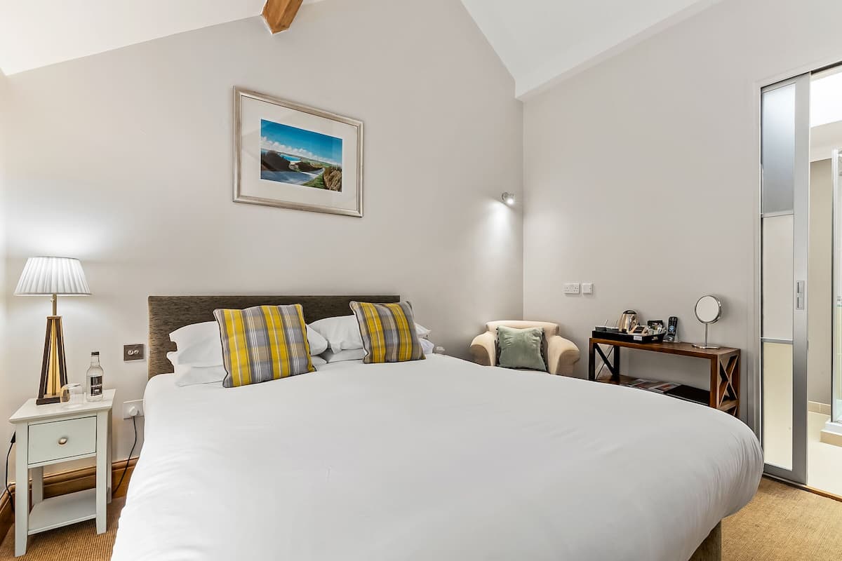 Een ruime slaapkamer met een groot bed, een nachtkastje met lamp, een stoel, een klein tafeltje met spiegel, en een lijst met afbeelding aan de muur.