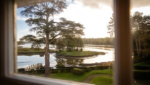Une vue sur un lac, avec des arbres et un pont en bois.