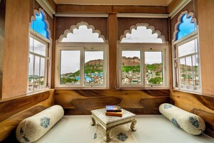 Fort View Superior Room with Jharokha, King bed ( 4th Floor ) | Egyptian cotton sheets, premium bedding, down comforters