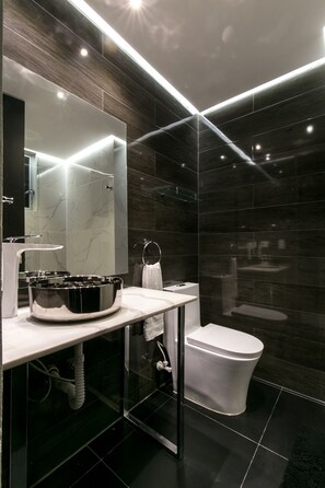 Regadera, secadora de cabello, toallas, jabón 