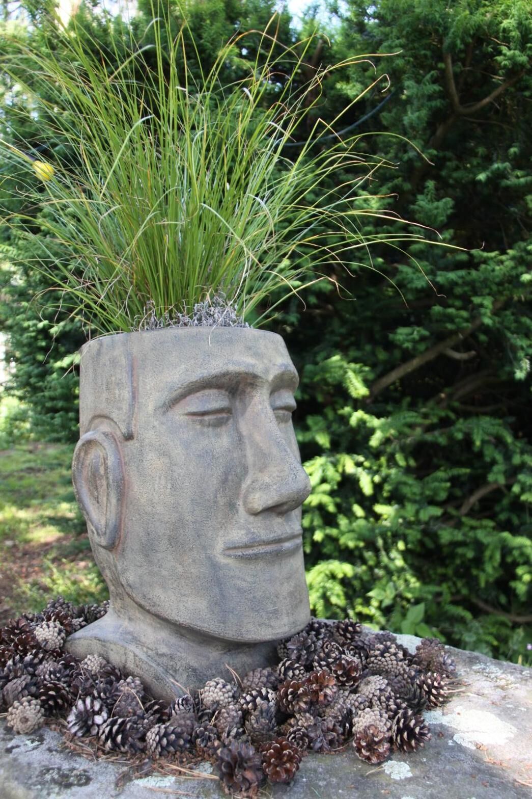 A stone planter with a carved face, filled with green grass and pine cones.