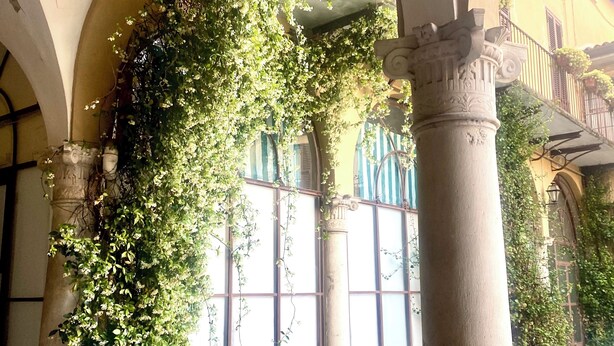 Un edificio con estructuras abovedadas, columnas y un balcón con plantas colgantes.