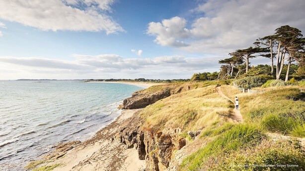 Un paysage côtier avec une plage de sable, une falaise rocheuse et un sentier menant à un groupe d’arbres.