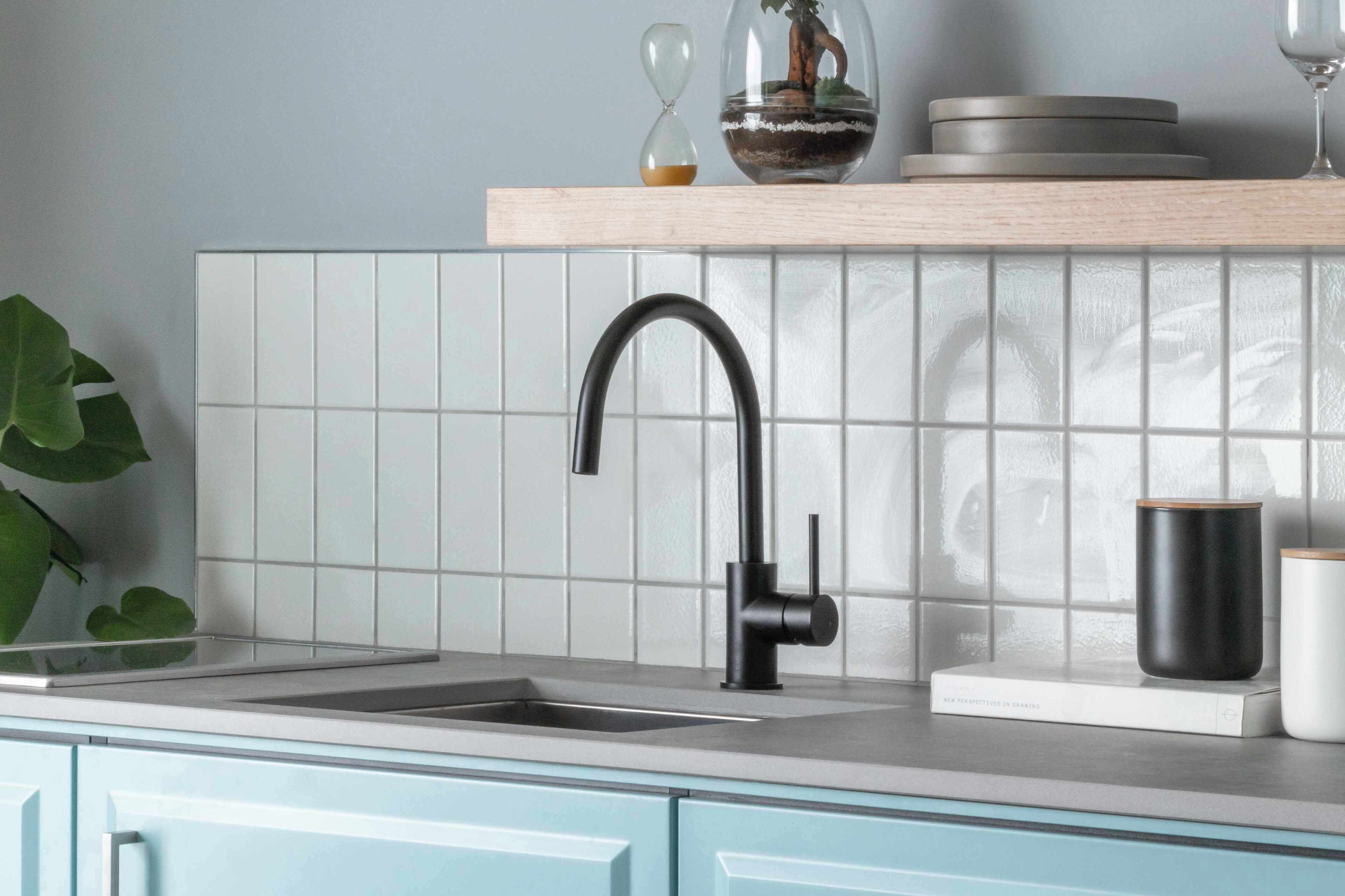 A kitchen with a modern faucet, a sink, a potted plant, and a shelf with decorative items.