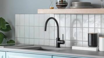 A kitchen with a modern faucet, a sink, a potted plant, and a shelf with decorative items.