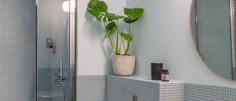 Un baño con cabina de ducha de vidrio, una planta en maceta, un espejo y paredes de azulejos.