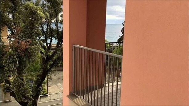 Ein Balkon mit Metallgeländer, der auf einen Baum und den Meerblick blickt.