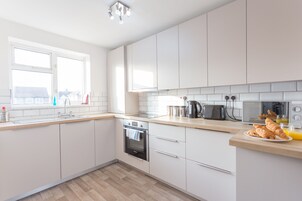 Deluxe Apartment | Private kitchen | Full-size fridge, microwave, oven, stovetop