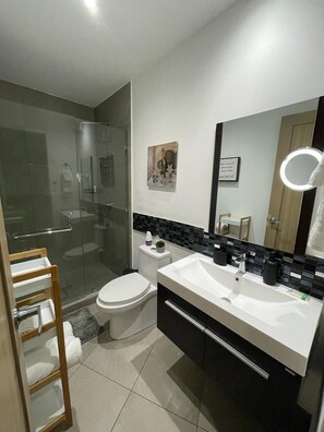 Dusche, Haartrockner, Handtücher, Shampoo