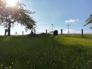 Ein grünes Feld mit einem Zaun, einem Baum und einer Maschine.