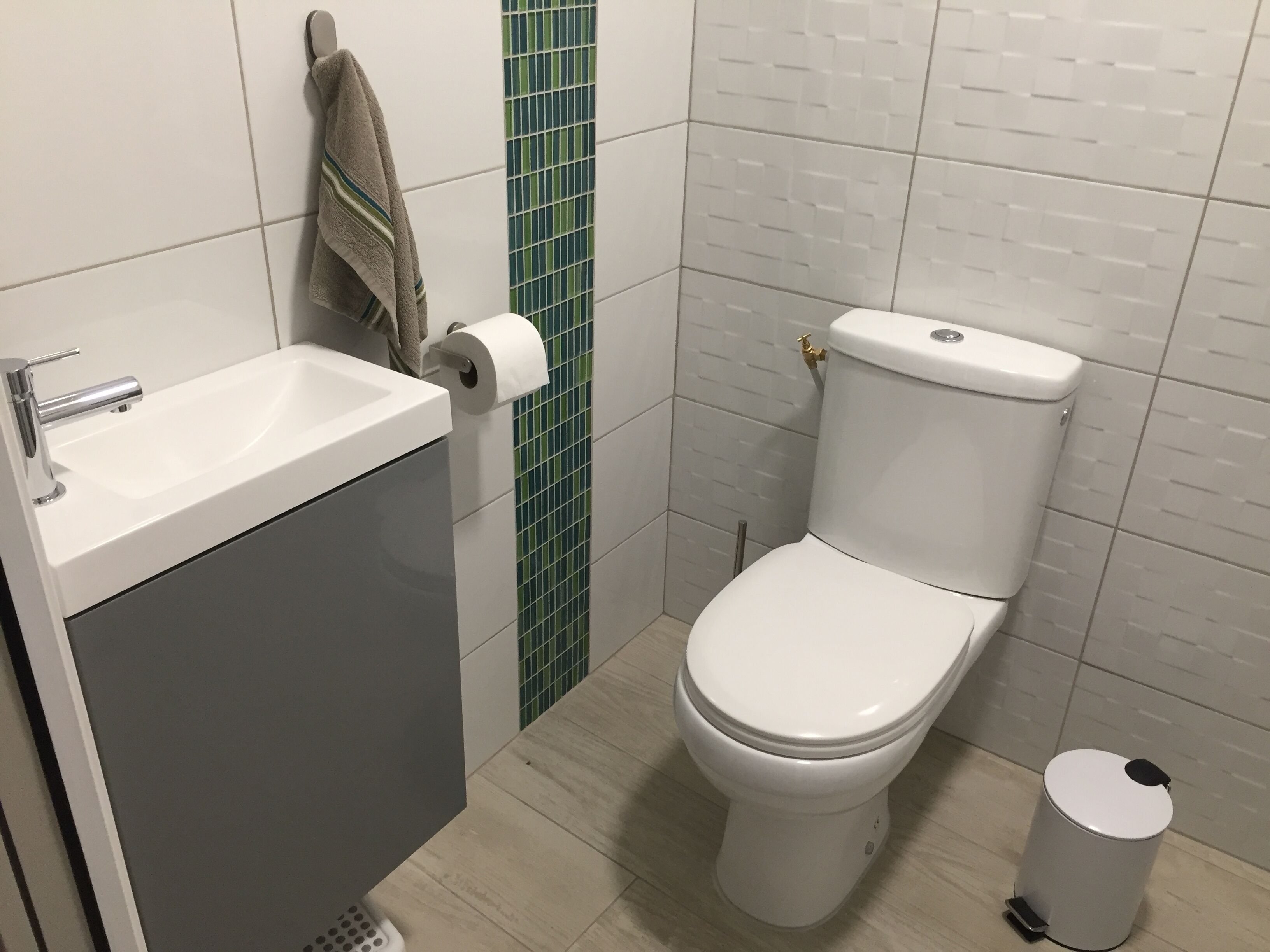 A bathroom with a white sink, a toilet, and a trash can.