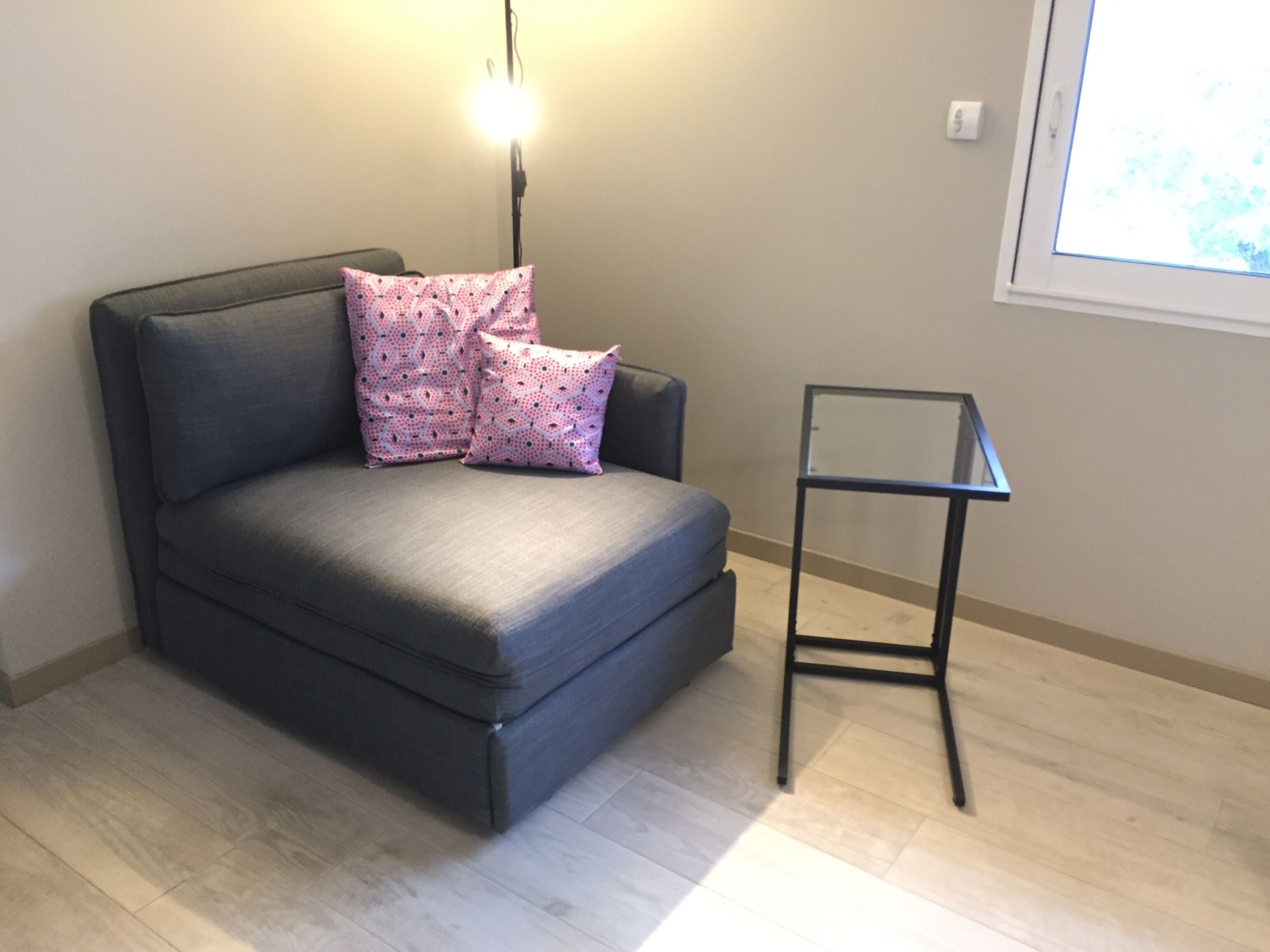 A modern living room with a grey sofa, two patterned pillows, a small black side table, and a floor lamp.