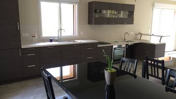 Full-size fridge, oven, stovetop, dishwasher