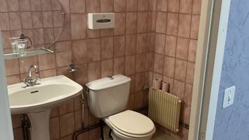 Ein Badezimmer mit Waschbecken, Toilette und Wandtrockner.