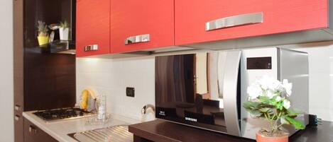 A modern kitchen with red cabinets, stainless steel appliances, and a potted plant on the counter.