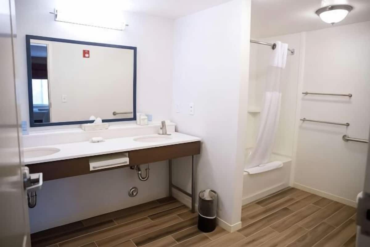 A bathroom with two sinks, a mirror, a shower, and a trash can.