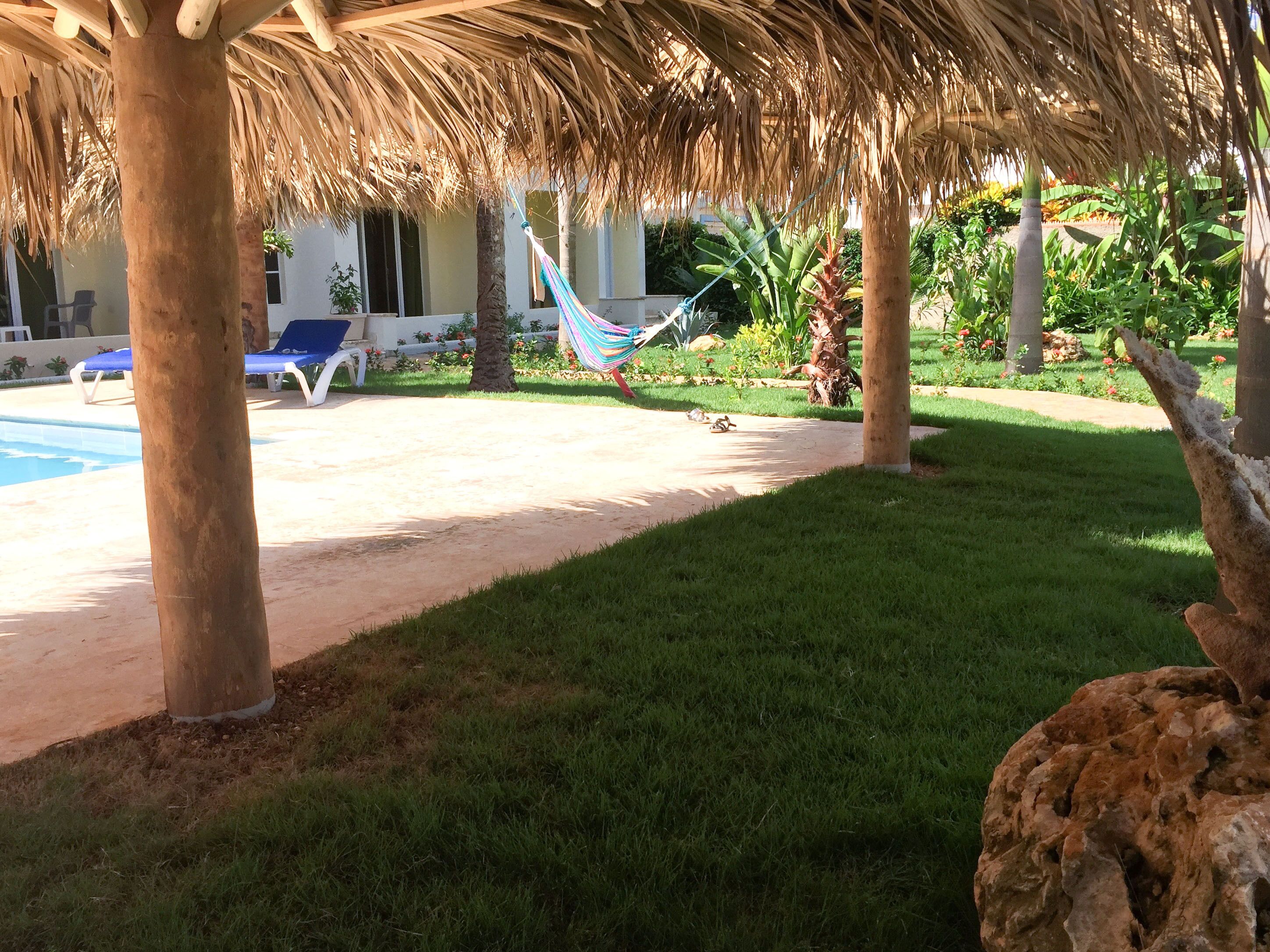 A pool area with lounge chairs, a hammock, and a thatched roof structure.