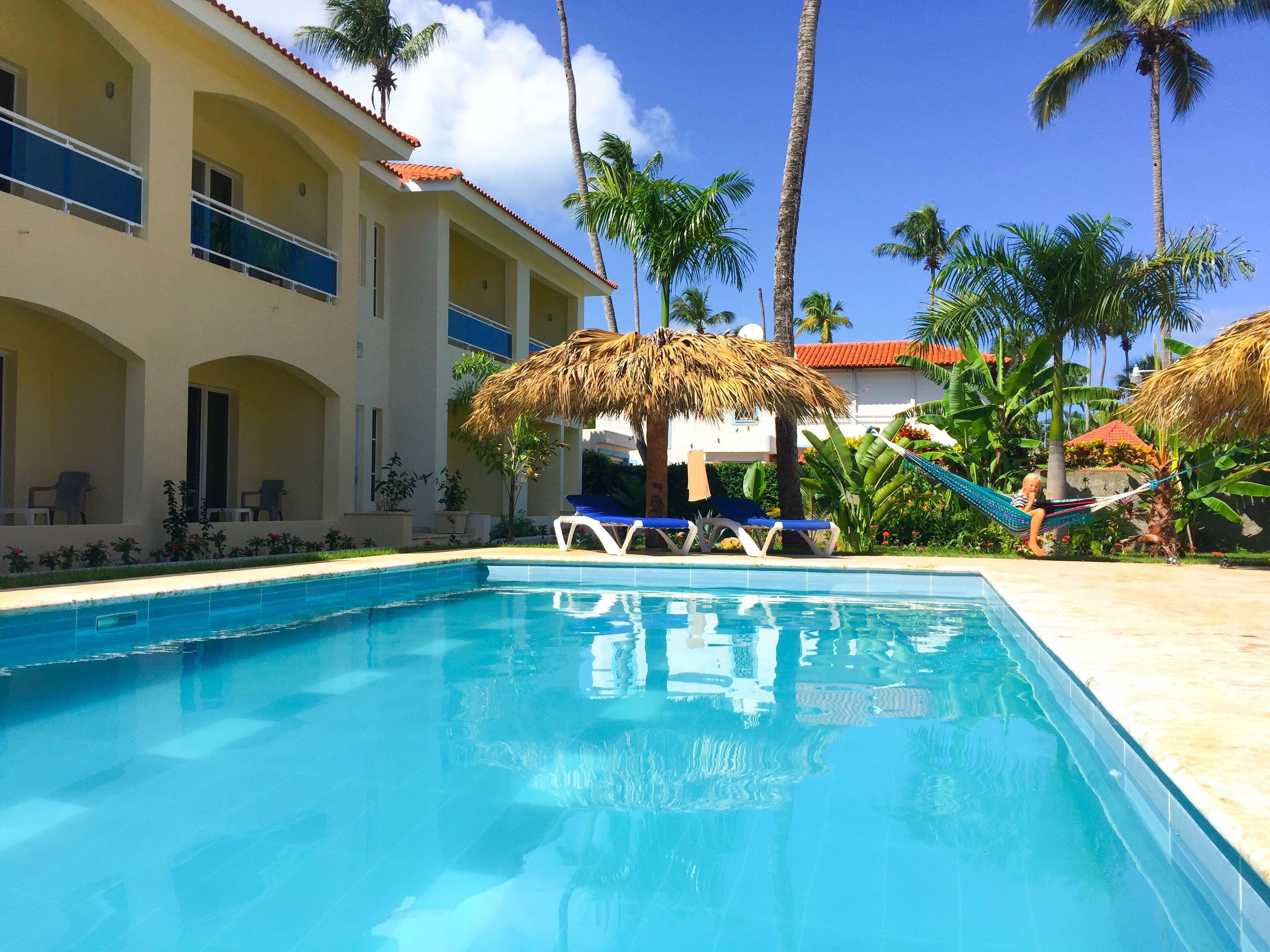 A pool area with lounge chairs, a thatched umbrella, and palm trees.