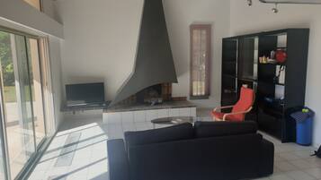 Televisie, een open haard, videospelletjes en een tafeltennistafel