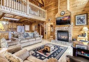 Smart TV, fireplace, DVD player, books