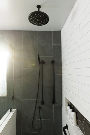 Shower, hair dryer, towels, soap