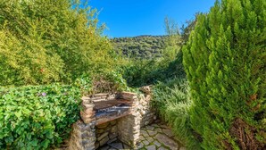 Un barbecue en pierre installé à l’extérieur, entouré d’une végétation luxuriante, avec une colline en arrière-plan.