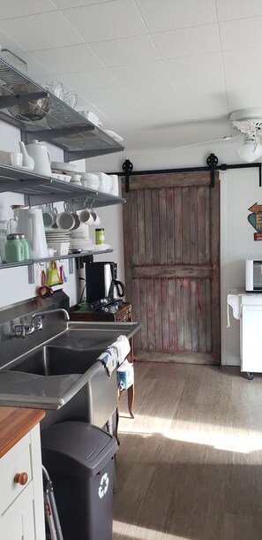 Microondas, horno, placa de cocina y cafetera o tetera