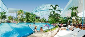 Una piscina interna con acqua cristallina, circondata da palme e aree relax con lettini.