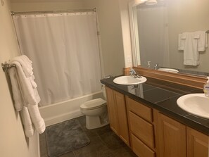 Combined shower/bathtub, hair dryer, towels, soap - Downtown Condo Close To Alyeska Ski Resort (Girdwood)